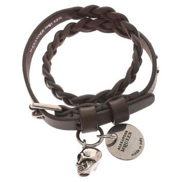Pre Owned Alexander McQueen Brown Leather Silver Tone Wrap Bracelet