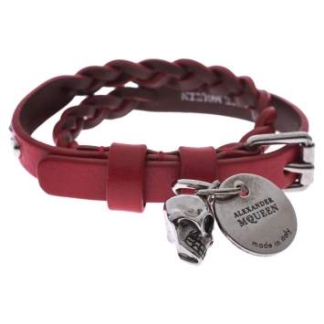Pre Owned Alexander McQueen Red Leather Silver Tone Wrap Bracelet