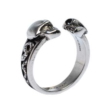 Pre Owned Alexander McQueen Twin Skull Silver Tone Ring Size 63