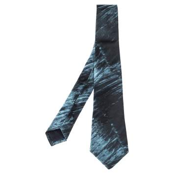 Pre Owned Alexander McQueen Blue & Black Feather Silk Jacquard Tie