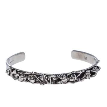 Pre Owned Alexander McQueen Dancing Skeleton Silver Tone Open Cuff Bracelet M