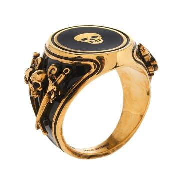 Pre Owned Alexander McQueen Skull Motif Enamel Gold Tone Ring Size 60