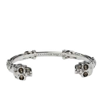 Pre Owned Alexander McQueen Silver Tone Twin Textured Skull Cuff Bracelet