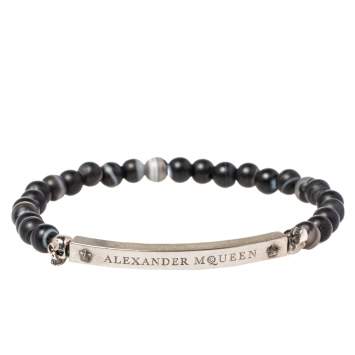 Pre Owned Alexander McQueen Silver Tone Skull Charm Agate Beaded Bracelet