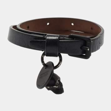 Pre Owned Alexander McQueen Black Leather Double Wrap Skull Charm Bracelet