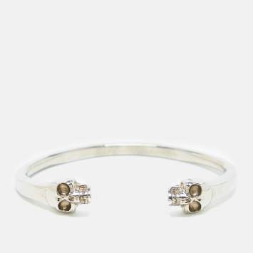 Pre Owned Alexander McQueen Twin Skull Silver Tone Open Cuff Bracelet