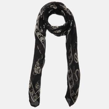 Pre Owned Alexander McQueen Black Skull Print Silk & Modal Scarf