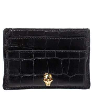 Pre Owned Alexander McQueen Black Crocodile Embossed Leather Skull Card Holder