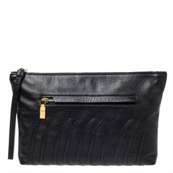 Pre Owned Alexander McQueen Black Ribcage Embossed Leather Wristlet Clutch