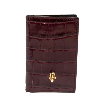 Pre Owned Alexander McQueen Burgundy Croc Embossed Leather Skull Bifold Card Holder 