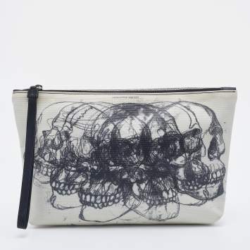 Pre Owned Alexander Mcqueen White Skull Printed Coated Canvas Zip Pouch