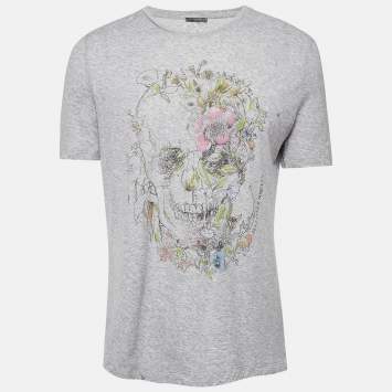 Pre Owned Alexander McQueen Grey Floral Print Jersey T-Shirt XS