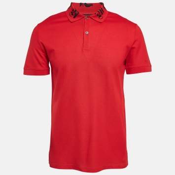 Pre Owned Alexander McQueen Red Logo Collar Pique Cotton Polo T-Shirt M