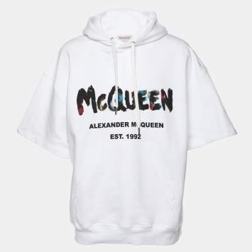 Pre Owned Alexander McQueen White Cotton Knit Logo Print Short Sleeve Hoodie XS