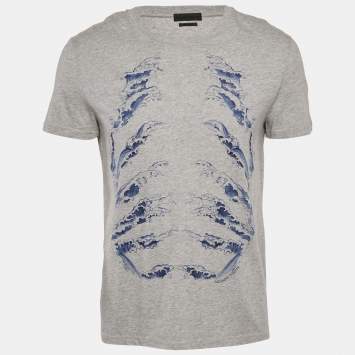 Pre Owned Alexander McQueen Grey Ribcage Wave Print Cotton T-Shirt M
