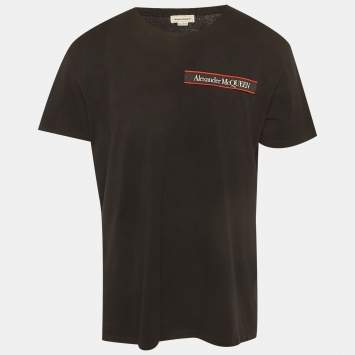 مملوكة مسبقًا Alexander McQueen Black Cotton Logo Tape Detail T-Shirt XXL