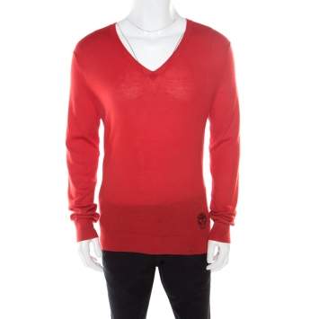 Pre Owned Alexander McQueen Red Cashmere Jacquard Skull Detail V Neck Sweater L