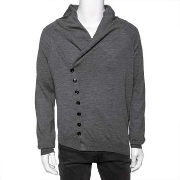 Pre Owned Alexander McQueen Grey Wool Draped Lapel Detail Cardigan M