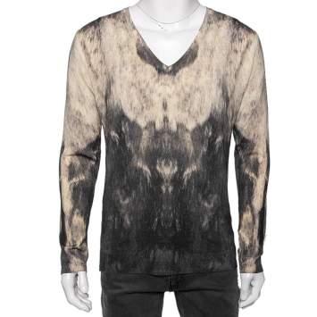 Pre Owned Alexander McQueen Monochrome Printed Wool V-Neck Sweater M