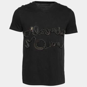 Pre Owned Alexander McQueen Black Cotton Logo Zipped Detailed Crew Neck T-Shirt S