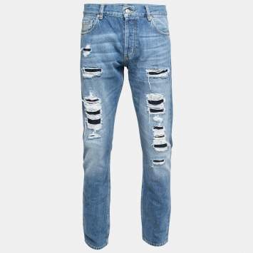 Pre Owned Alexander McQueen Blue Denim Distressed Slim Fit Jeans L