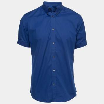Pre Owned Alexander McQueen Blue Cotton Short Sleeve Button Down Shirt L