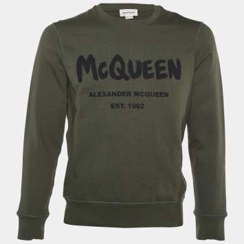Pre Owned Alexander McQueen Dark Green Logo Printed Cotton Knit Sweatshirt S