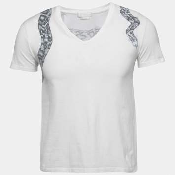 Pre Owned Alexander McQueen White Snake Print Cotton V-Neck T-Shirt XS