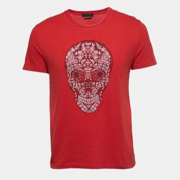 Pre Owned Alexander McQueen Red Ornamental Skull Print Cotton T-Shirt S
