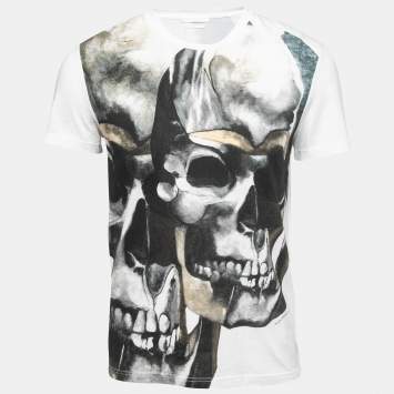 Pre Owned Alexander McQueen White Skull Print Cotton Crew Neck T-Shirt XS