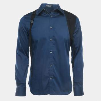 Pre Owned Alexander McQueen Teal Blue Stretch Cotton Belt Detailed Button Front Full Sleeve Shirt L