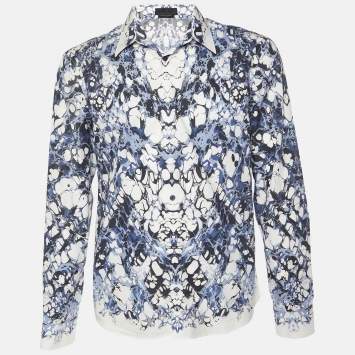 Pre Owned Alexander McQueen Blue & White Abstract Printed Cotton Button Front Shirt XL