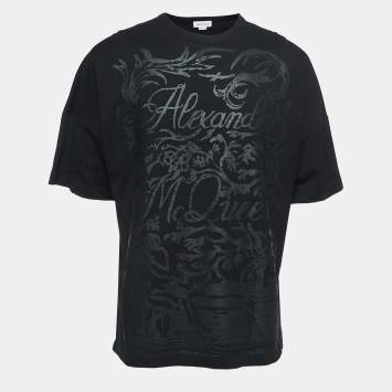 Pre Owned Alexander McQueen Black Skull & Screws Print Cotton T-Shirt XS