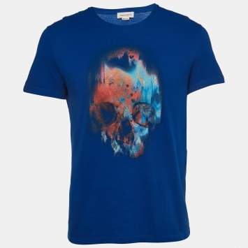 Pre Owned Alexander McQueen Blue Skull Print Cotton Crew Neck T-Shirt M
