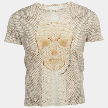 Pre Owned Alexander McQueen Cream Snake Print Skull Front Cotton Half Sleeve T-Shirt S