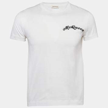 Pre Owned Alexander McQueen White Logo Embroidered Cotton T-Shirt S