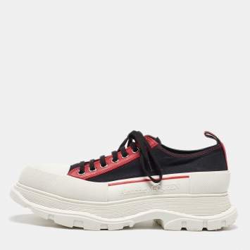 Pre Owned Alexander McQueen Black/Red Canvas and Leather Tread Low Sneakers Size 44