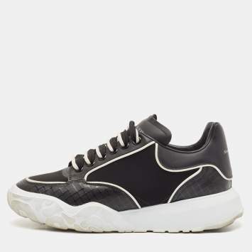 Pre Owned Alexander McQueen Black Leather and Neoprene Court Sneakers Size 40.5