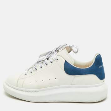 Pre Owned Alexander McQueen White/Blue Leather and Suede Oversized Lace Up Sneakers Size 41
