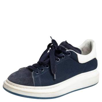 Pre Owned Alexander McQueen Navy Blue/White Leather, Mesh and Suede Oversized Sneakers 43