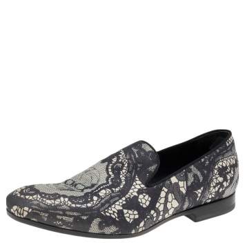 Pre Owned Alexander McQueen Black Skull & Lace-Print Fabric Loafers Size 41
