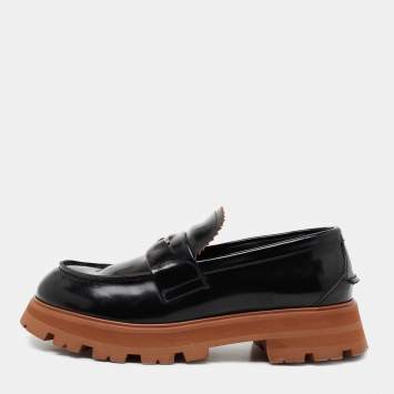 Pre Owned Alexander McQueen Black/Brown Leather Tread Penny Loafers Size 41