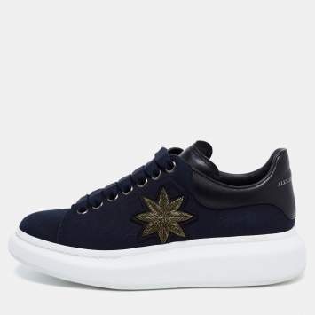 Pre Owned Alexander McQueen Navy Blue/Black Canvas and Leather Embroidered Oversized Sneakers Size 40
