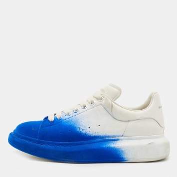 Pre Owned Alexander McQueen Blue/White Leather and Velvet Sprayed Oversized Sneakers Size 44