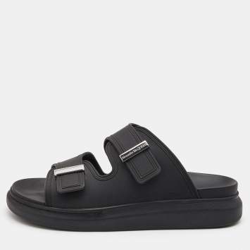 Pre Owned Alexander McQueen Black Rubber Birke Buckle Detail Slide Sandals Size 45