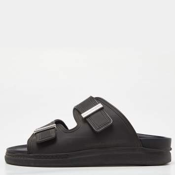Pre Owned Alexander McQueen Black Rubber Birke Buckle Detail Slide Sandals Size 43