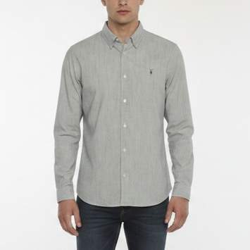 Pre Owned All Saints Grey Striped Logo Embroidered Cotton Bedford Shirt M