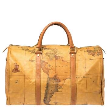 Pre Owned Alivero Martini 1A Classe Tan Geo Print Coated Canvas and Leather Duffel Bag