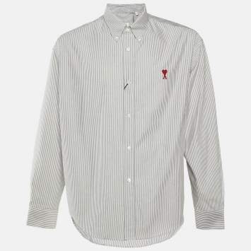 Pre Owned Ami White/Black Striped Cotton Button Down Shirt M