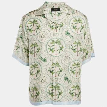 Pre Owned Amiri Alabaster White Palm Print Silk Bowling Shirt XXL